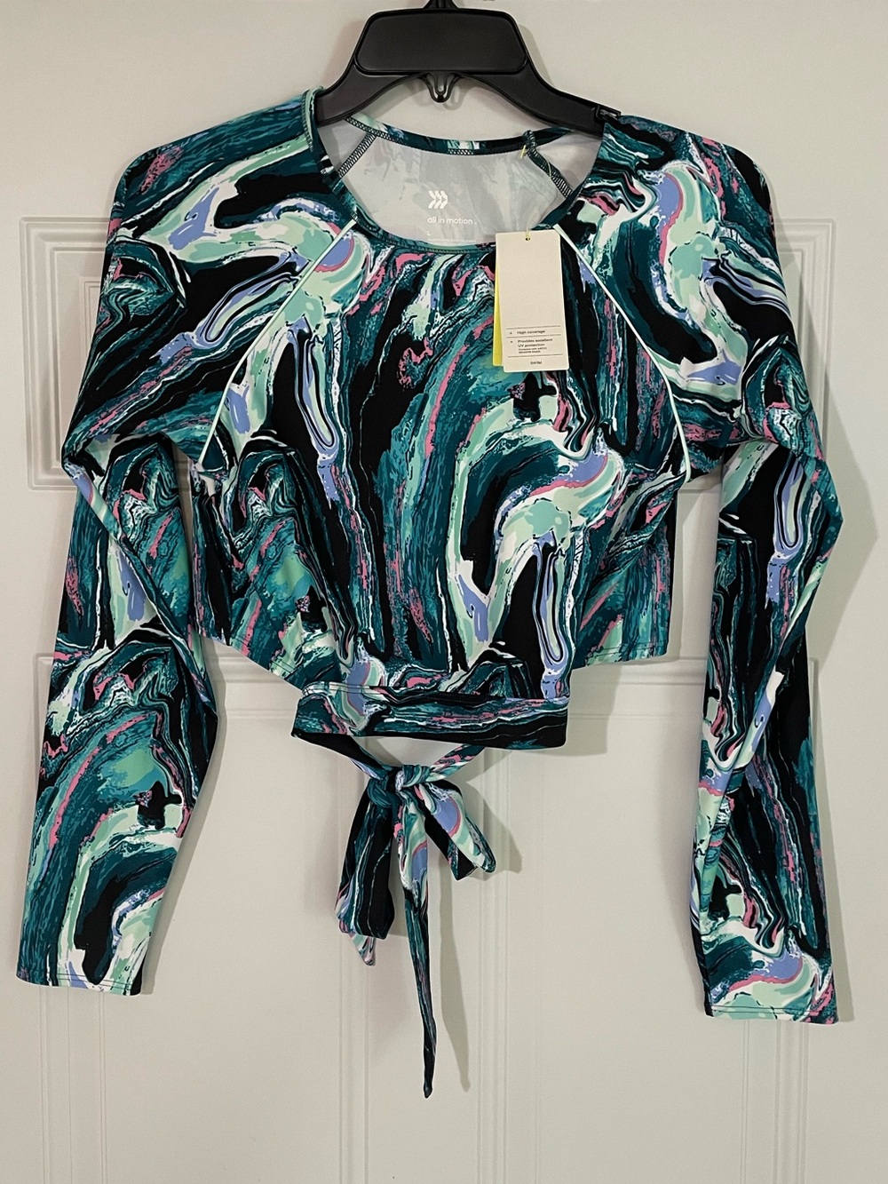 ALL IN MOTION Multicolored Long Sleeve Cropped Swim Top Tie Back Accent Size L